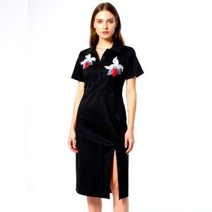 Checocre Black Embroidered Midi Dress Elegant Modern UK 8 US 4 Parisian Inspired